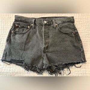 Levi Black 501 Button Fly Denim Women’s Jean Shorts Size 30” Distressed Hem